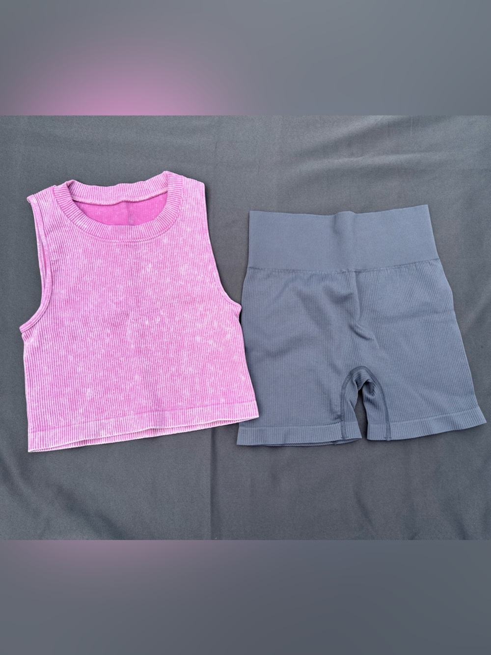 OQQ Women’s Ribbed Pink Crop Tank Top/High Waisted Gray Shorts